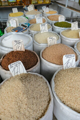 Different types of rice at the Jayma Bazaar in Osh, Kyrgyzstan.