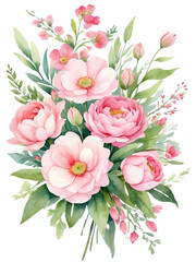 Watercolor pink flowers arranged in bouquet. Creative graphics design. 