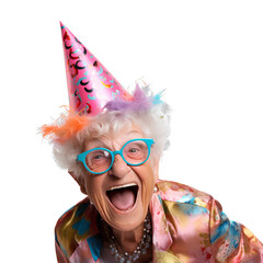 Happy and fun old woman at celebration party on PNG transparent background.