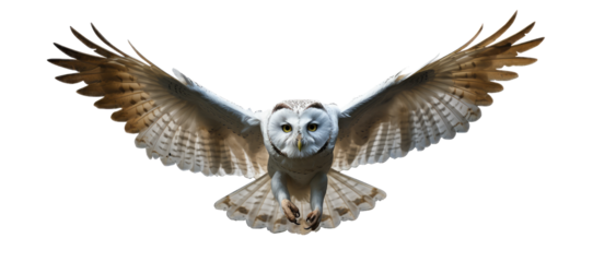 chouette blanche en train de voler, vue de face - fond transparent