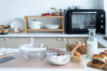 Bakery kitchen. Bakery ingredients placed on the table, prepare to make homemade bakery, concept of food preparation