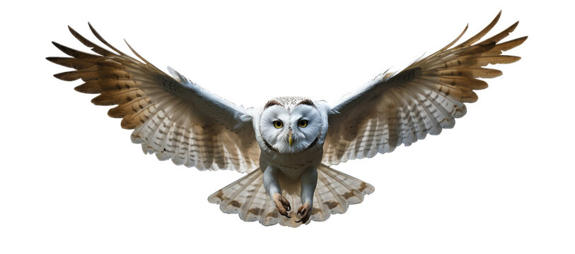 chouette blanche en train de voler, vue de face - fond transparent