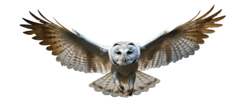 chouette blanche en train de voler, vue de face - fond transparent