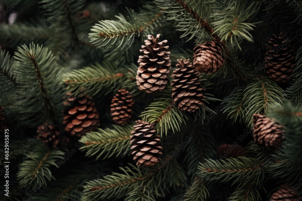 Poster a detailed close-up shot of pine cones on a tree. this image captures the natural beauty of pine con