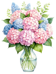 Watercolor illustration of blue and pink hydrangeas flowers arrange in luxury vase.  Beautiful bunch of flowers. Creative graphics design.