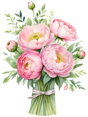 Watercolor pink peony flowers bouquet. Creative graphics design.  