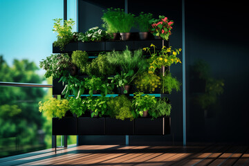 Balcony herb garden concept. Modern vertical lush herb garden planter bags hanging on city apartment balcony wall, with planter boxes pots of basil, mint, rosemary thyme growing in urban environment