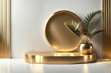 Golden podium with mirror with plant décor commercial product session