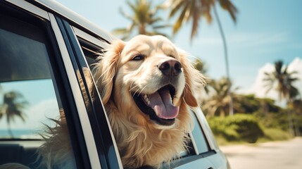 Golden retriever sticking head out the window made with Ai generative technology