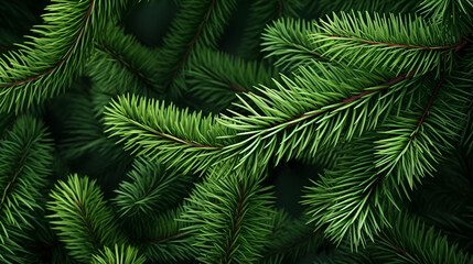 Fototapeta na wymiar Beautiful Christmas Background with green pine tree brunch close up, trendy moody dark toned design for seasonal quotes, Background with green spruce branches closeup, Vibrant green fir tree branches 