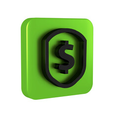 Black Shield with dollar symbol icon isolated on transparent background. Security shield protection. Money security concept. Green square button.