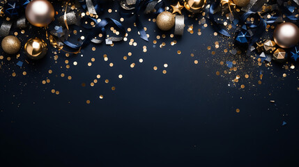 Happy new year sign banner frame with empty space and festive decorations, template, copy space 