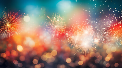 Fototapeta premium Happy New Year 2024, celebration, template, background, gift card, email greetings, fireworks, bokeh