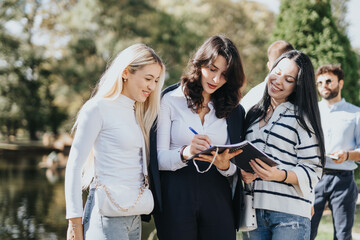 University students studying in a sunny park, discussing subject topics, preparing exams, and...
