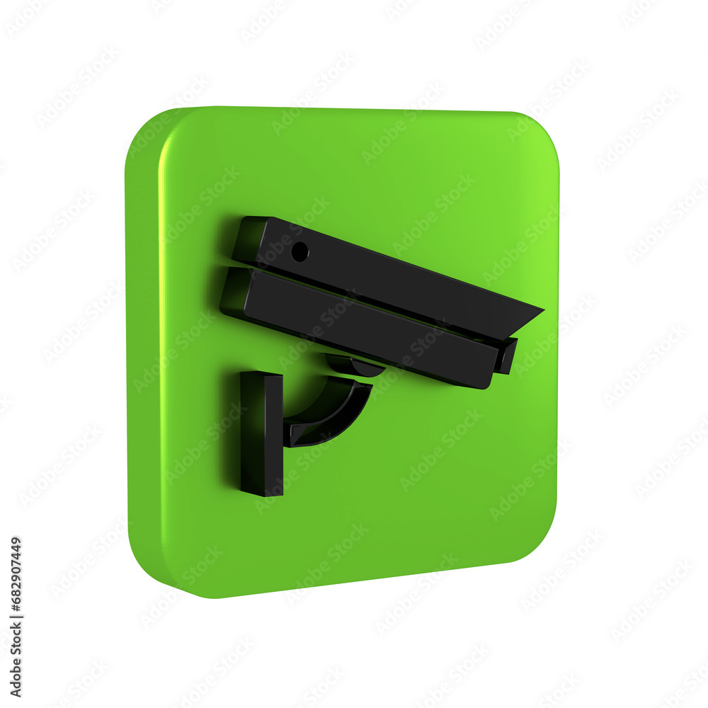 Poster black security camera icon isolated on transparent background. green square button.