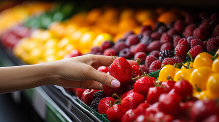 Closeup of woman's hand choosing fruits and berries in supermarket. - obrazy, fototapety, plakaty