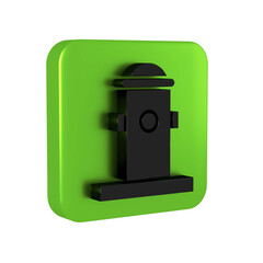 Black Fire hydrant icon isolated on transparent background. Green square button.