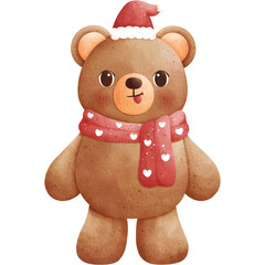 Watercolor Christmas Bear Illustration Isolated on Transparent Background