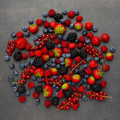 Berries Background. Strawberries, Blueberry, Raspberries, and Blackberry.