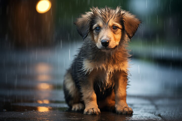 Stray homeless dog. Sad abandoned hungry puppy sitting alone in the street under rain. Dirty wet...