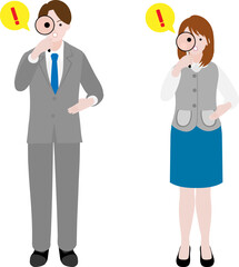 Fototapeta premium 虫眼鏡で何かを発見して驚く会社員男女のイラスト