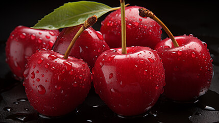 Red cherries with water drops on a black background. Close up.