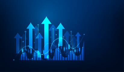 arrow up graph chart business growth on blue dark background. graph trading  stock finance increase. investment strategy to success. vector illustration digital technology fantastic design. - obrazy, fototapety, plakaty