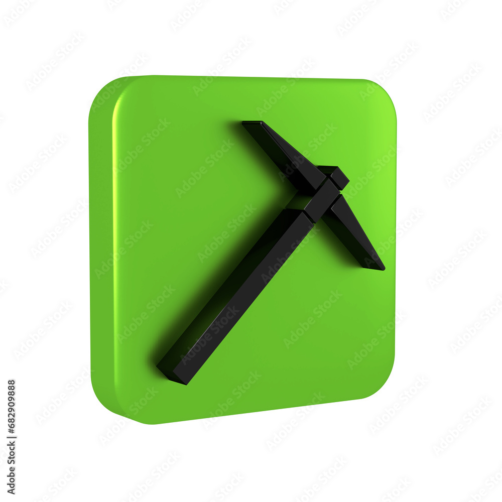 Poster black pickaxe icon isolated on transparent background. green square button.