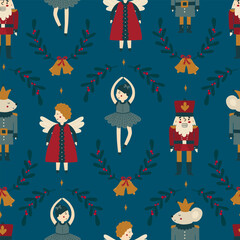 Christmas decorations flat vector seamless pattern. Traditional winter holiday cartoon texture.