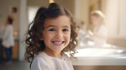Young girl smiling at dentist office ready for checkup. Concept of Positive Dental Experience, Comfortable Dental Visits, Happy Dental Checkups.