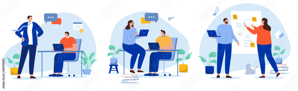 Poster getting feedback at work collection - set of illustrations with people talking, helping and discussi