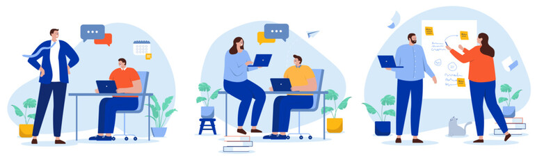 Getting feedback at work collection - Set of illustrations with people talking, helping and discussing with colleagues in business office. Flat design vector with white background - obrazy, fototapety, plakaty