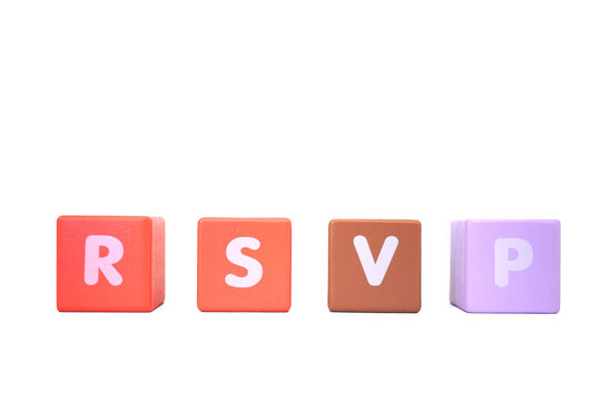 The word RSVP is made with colorful building blocks isolated on a white