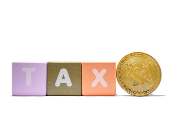 text tax on colorful wooden and coin bitcoin isolated on a white background