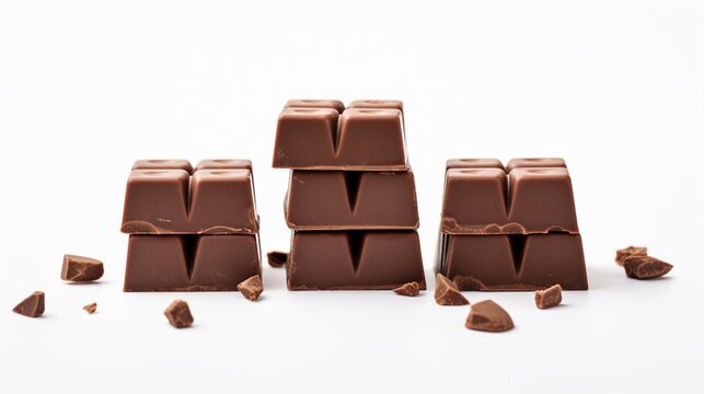 Three chocolate bits separated on a white background in a cleaned and edited picture