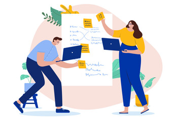 Business workshop work - Two people using sticky notes on whiteboard with scribbles, working on project plan and brainstorming together. Flat design vector illustration with white background