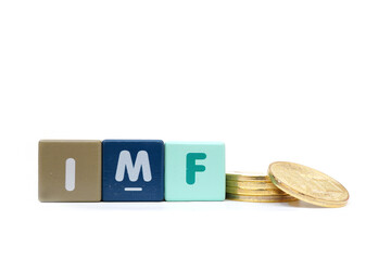 text IMF International Monetary Fund on colorful wooden isolated on a white