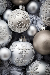 Closeup of a Christmas Tree adorned, Pine Cones with Silver and White Decorations. Capturing the Essence of a Winter Wonderland, Perfect for Festive Holiday Celebrations and Seasonal Joyful Decor