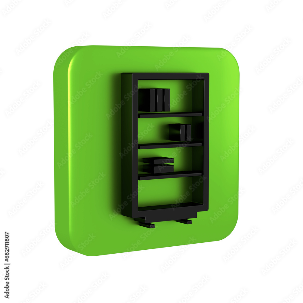 Poster black library bookshelf icon isolated on transparent background. green square button.