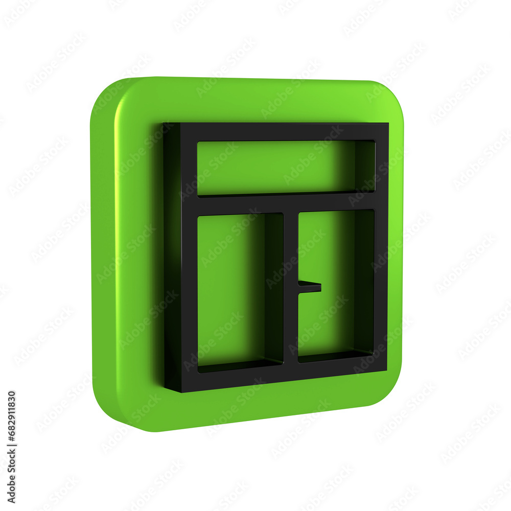 Poster black window in the room icon isolated on transparent background. green square button.