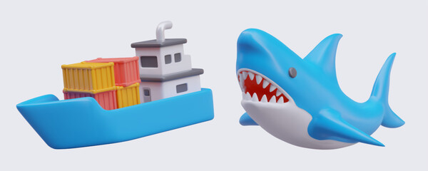 Barge with containers, giant blue shark with gaping jaws. Boat and naval monster. Ocean hungry predator. Danger to water vehicles. Extreme transportation
