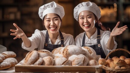 Two young Asian sibling happy smile startup open bakery shop small business partnership, workers employee female have fun present delicious bakery and breads on counter bar for selling promotion - obrazy, fototapety, plakaty