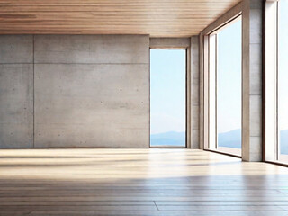 Interno vuoto della stanza con pareti di cemento, pavimento in legno scuro con luce soffusa proveniente dalla finestra. Atmosfera soft