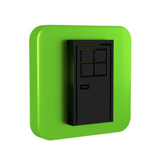 Black Closed door icon isolated on transparent background. Green square button.
