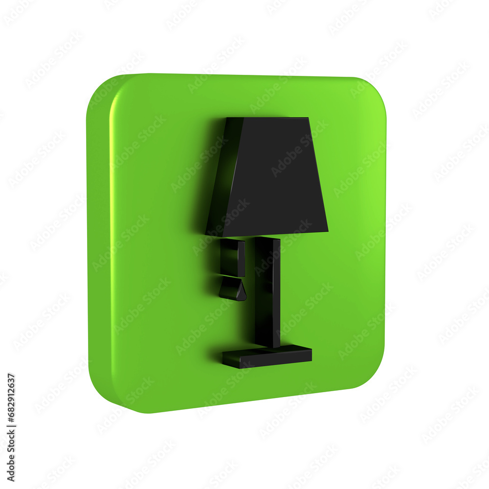 Poster black table lamp icon isolated on transparent background. green square button.