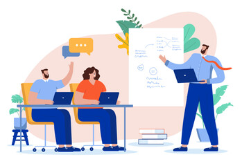 Business course - Adult people learning and studying lecture, talking and listening to man teaching on whiteboard. Flat design vector illustration with white background