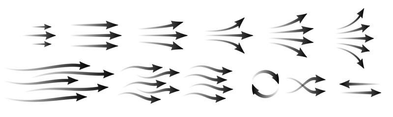 Set of black arrows showing  air direction. Isolated on transparent background element