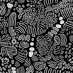 white doodle line with hand drawn symbols on black background seamless pattern