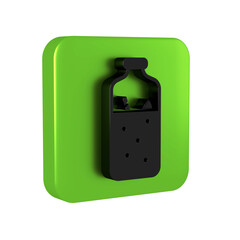 Black Mulled wine with ingredients icon isolated on transparent background. Cinnamon stick, clove, lemon slice. Green square button.