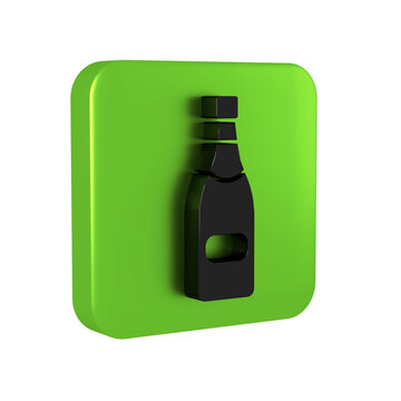 Black Champagne bottle icon isolated on transparent background. Green square button.